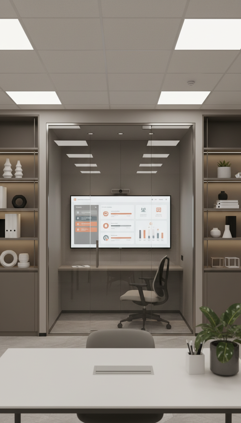 A polished, modern workspace featuring an elegant glass partitioned study booth with a large wall-mounted digital interactive board. The transparent screen displays organized course modules, icons, and color-coded progress bars in serene neutral tones. The environment is an open-concept office area, featuring muted taupe walls and sleek metallic shelving holding minimalist stationery and geometric decor. Bathed in ambient, even artificial lighting from overhead LED panels, the mood is sophisticated and calm. Captured mid-frame at eye-level with sharp focus throughout, the image delivers a balanced, professional, and inviting scene that highlights structured learning and innovation in a corporate LMS setting.